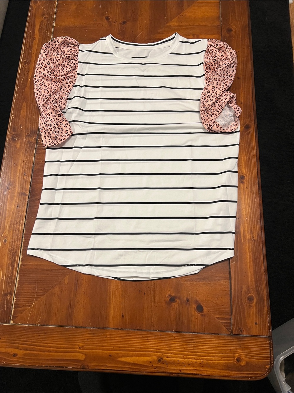 Striped White & Black Top with Pink Leopard Puff Sleeves